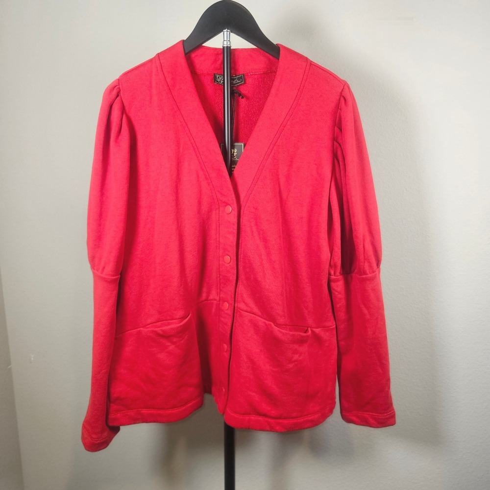 DG2 Diane Gilman Cardigan Women Large Red Puff Sleeve Snap Front Sweatshirt
